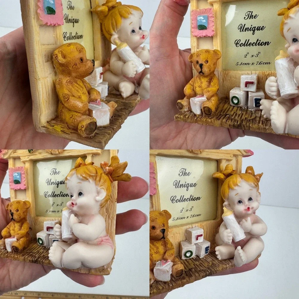 Vtg Small Miniature White Baby Girl Teddy Bear Tabletop Picture Frame Nursery